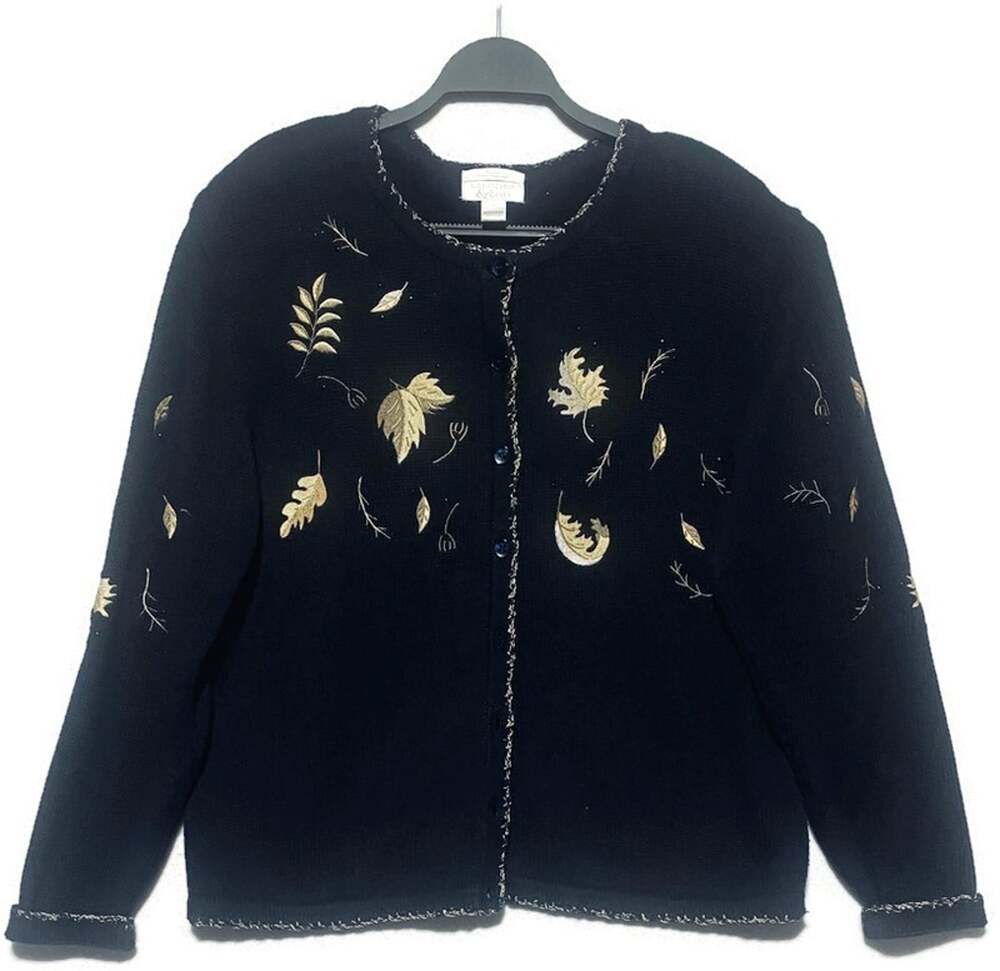 Christopher Banks Black Button Up Sweater Large Embroidered Gold Leaves Cardigan